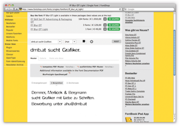 Ein Screenshot der FontShop-Website, die eine Stellenanzeige für Grafiker bei Demner, Merlicek & Bergmann zeigt.