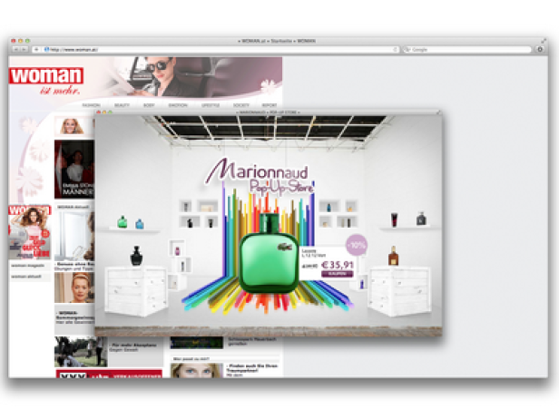 Ein Lacoste-Parfüm in einem Marionnaud Pop-Up Store wird auf einer Webseite beworben.