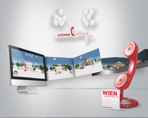 Ein Werbebild für Wien mit Sehenswürdigkeiten, einem Telefonhörer und der Aufschrift „Vienna Calling“.