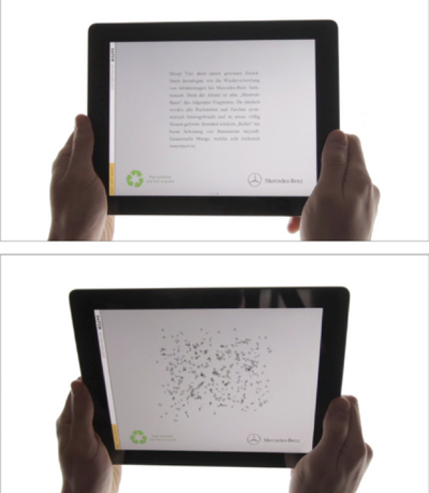 Zwei Hände halten ein Tablet mit Mercedes-Benz-Werbung.