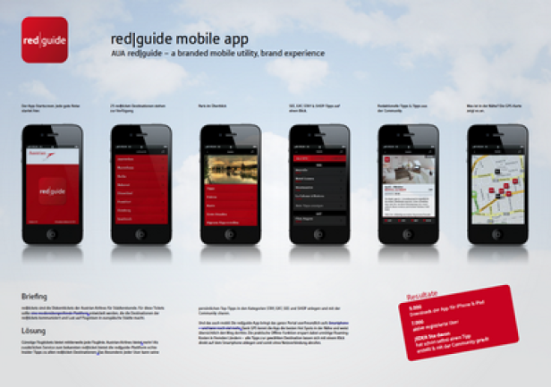 Werbung für die „red|guide“ Mobile App von Austrian Airlines auf mehreren Smartphones.