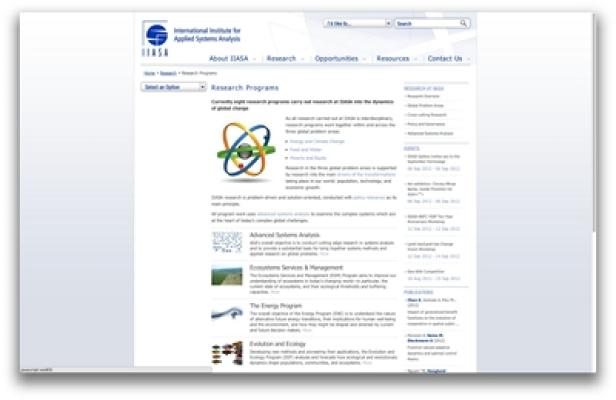 Die Webseite des International Institute for Applied Systems Analysis (IIASA) mit Informationen zu Forschungsprogrammen.