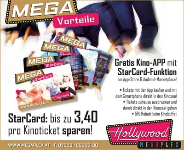 Eine Werbung für die „Mega StarCard“ von Hollywood Megaplex, mit der man bis zu 3,40 Euro pro Kinoticket sparen kann.