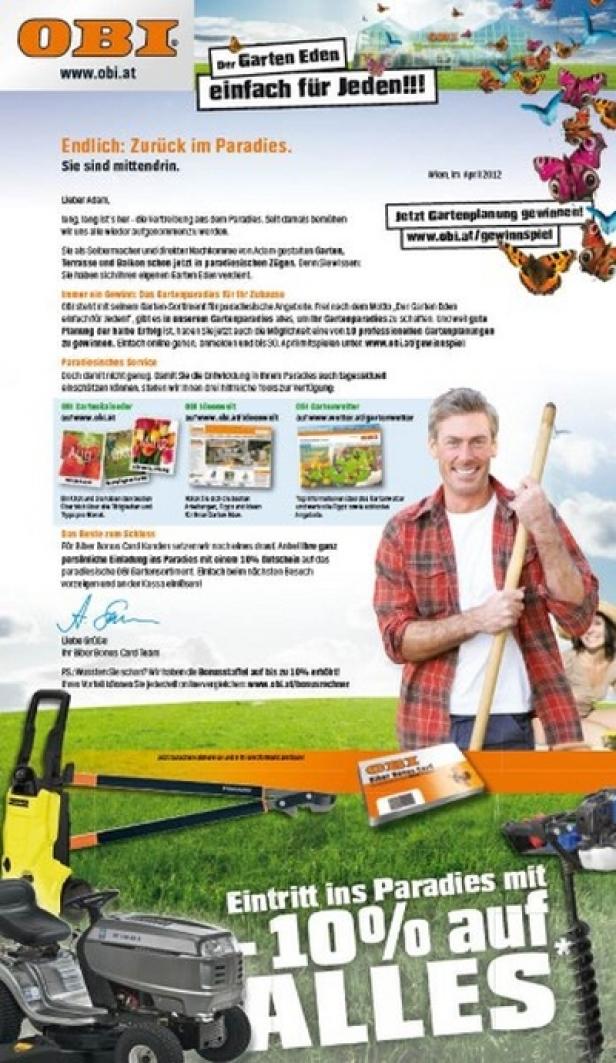 Eva und Adam im Obi-Gartenparadies wirken nachhaltiger als die auf Breite angelegte Vater-Mutter-Kind-und-Hund-Mailingwelt (c: obi) Eine Werbung von OBI, die Gartenprodukte und einen Rabatt von 10% bewirbt.