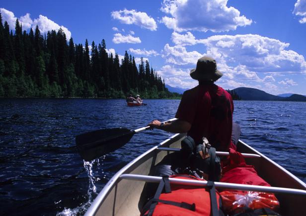 Eine Person paddelt in einem Kanu auf einem See mit bewaldeten Ufern.