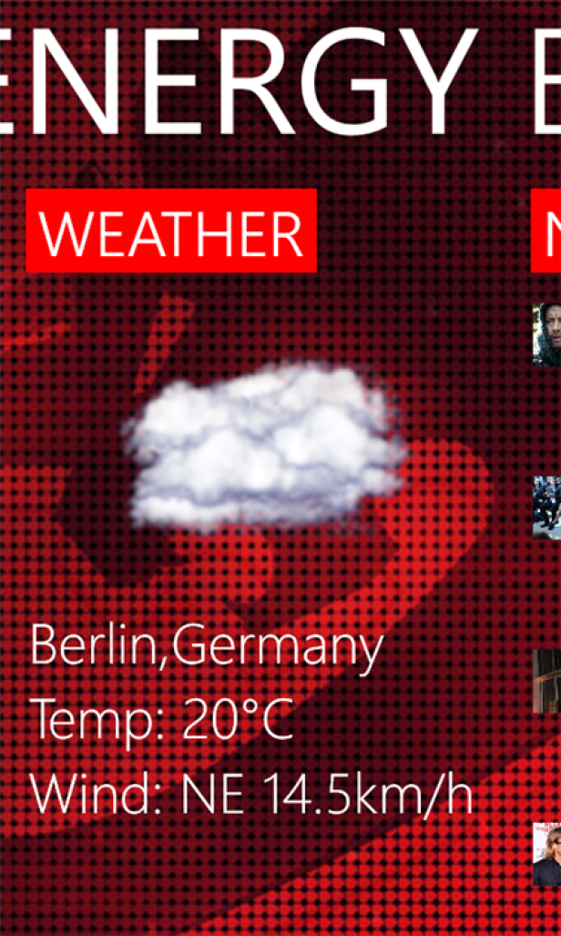 Eine Wettervorhersage für Berlin mit einer Temperatur von 20°C und einem Wind von 14,5 km/h.