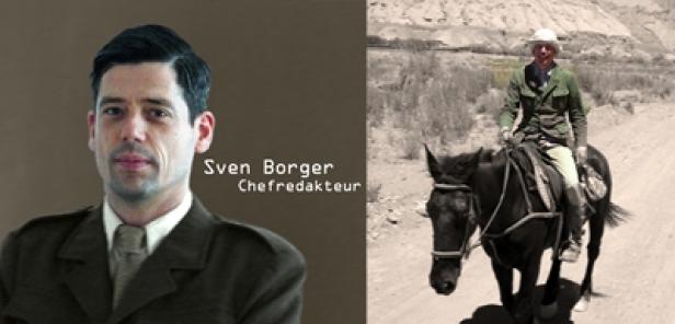 Ein Porträt von Sven Borger, Chefredakteur, und eine Sepia-Fotografie einer Person, die auf einem Pferd reitet.