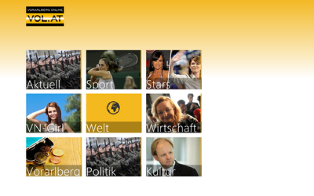 Screenshot der Webseite VOL.AT mit verschiedenen Themenbereichen.