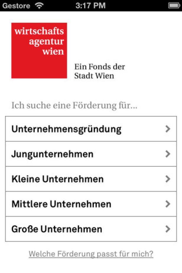 Ein Screenshot der App „wirtschaftsagentur wien“ mit Optionen für Unternehmensförderung.