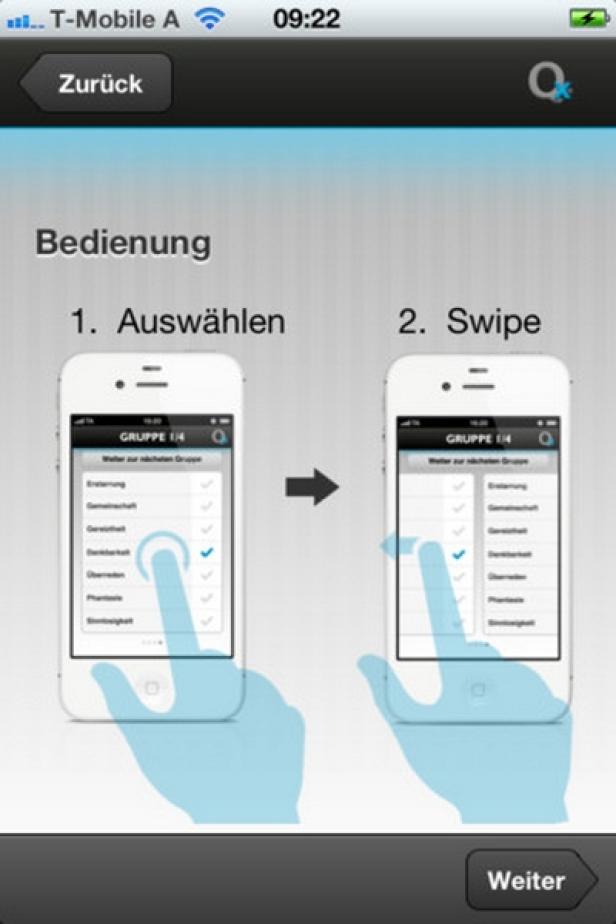 Die Bedienungsanleitung einer App zeigt die Schritte „Auswählen“ und „Swipe“ auf einem Smartphone.