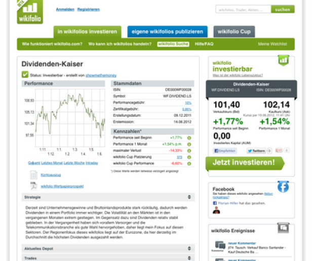 wikifolio.com verzeichnet nach 28 echten Markttagen einen Anleger-Zuspruch der sich in einem Investitionsvolumen von 1,5 Millionen Euro niederschlägt (c: wikifolio.com) Ein Screenshot der Wikifolio-Website mit Informationen zum „Dividenden-Kaiser“-Wikifolio.