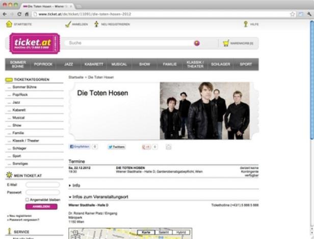 Die Webseite ticket.at zeigt Informationen und Tickets für ein Konzert der Band „Die Toten Hosen“.