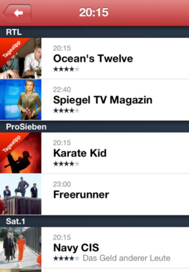Die Werbevermarktung der On Air-App übernimmt madvertise (c: stanwood - iTunes) Ein Screenshot einer TV-Programm-App mit Sendungen auf RTL, ProSieben und Sat.1.