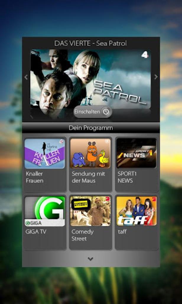 Ein Menü mit Programmvorschlägen, darunter „Sea Patrol“, „Sendung mit der Maus“ und „taff“.
