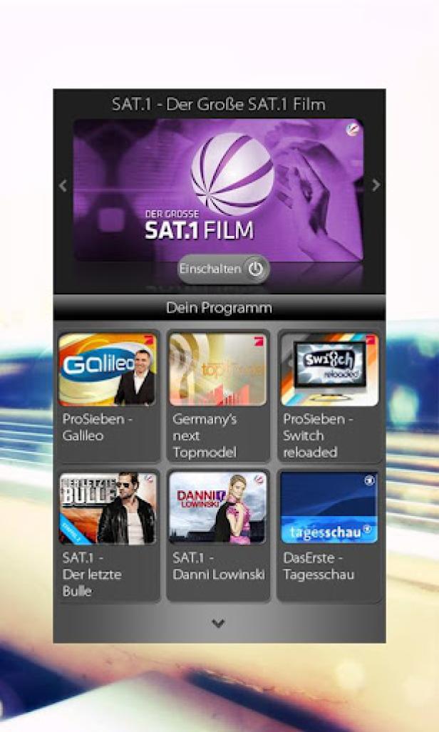 Mit der Dailyme TV-App werden derzeit im deutschssprachigen Raum rund eine Viertelmillion Unique Mobile User erreicht, die monatlich im Schnitt über vier Millionen Videos konsumieren (c: daily me - google play) Ein Menü mit Programmangeboten von Sendern wie Sat.1, ProSieben und DasErste.