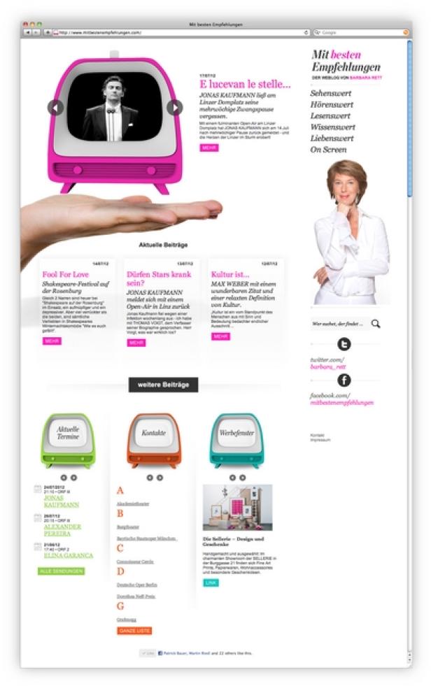 Mit besten Empfehlungen - Das Blog von Barbara Rett, gemacht von Monopol Medien und Super-Fi Screenshot der Webseite „Mit besten Empfehlungen“ mit Jonas Kaufmann im pinkfarbenen Fernseher.