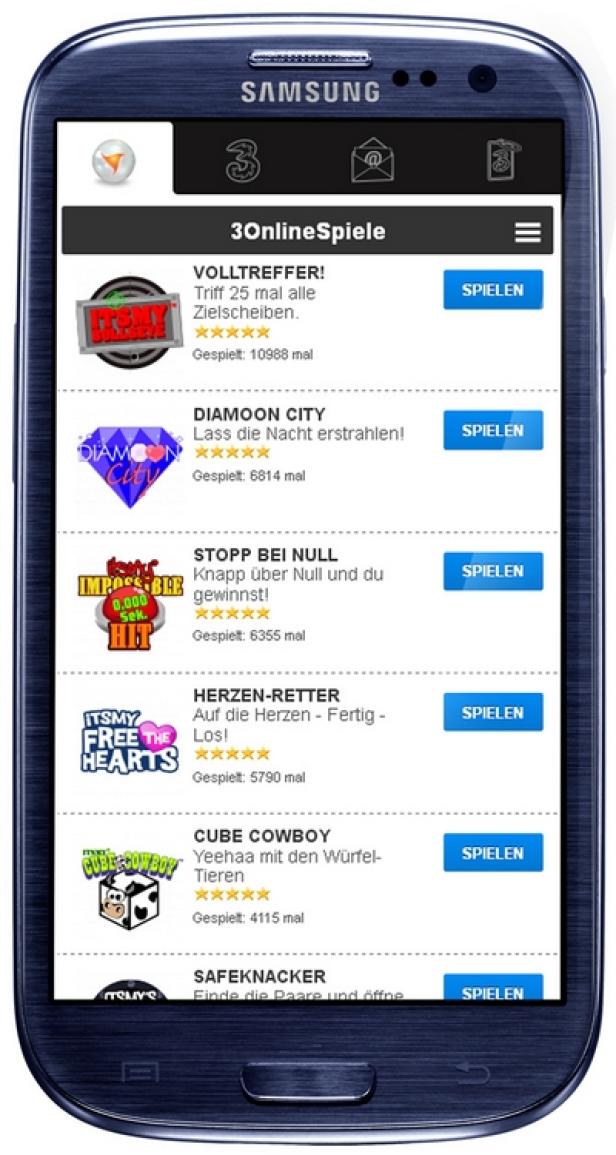 Ein Samsung-Smartphone zeigt eine Auswahl von Online-Spielen des Anbieters „3“.