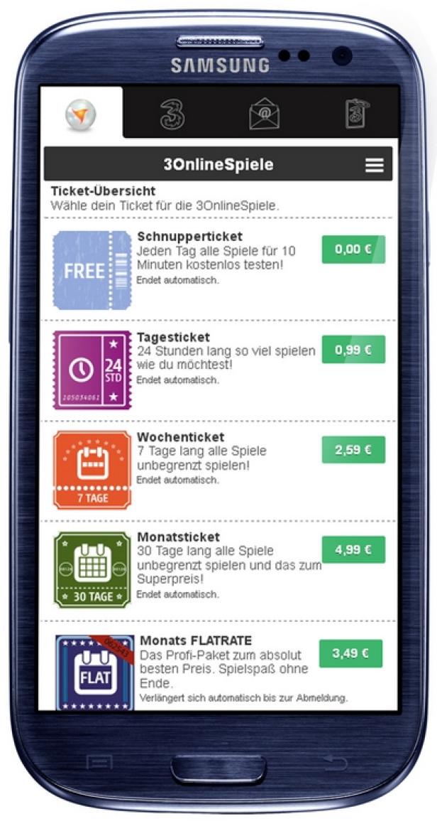 Auf einem Smartphone wird die Ticket-Übersicht der „3OnlineSpiele“ App angezeigt.