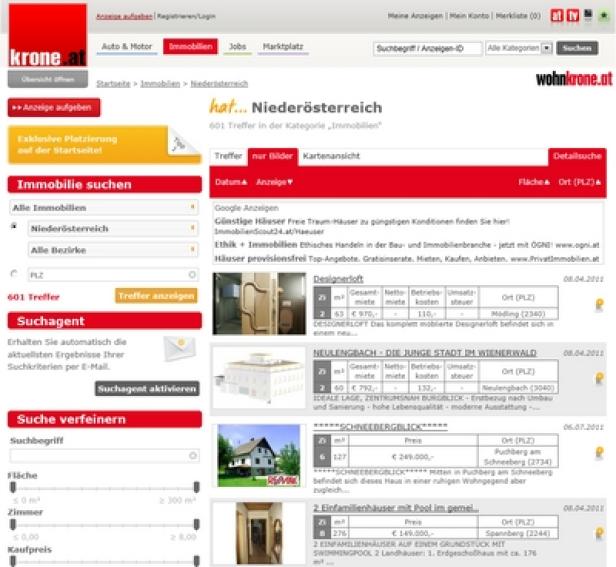 Wohnkrone.at Ein Screenshot der Website wohnkrone.at mit Immobilienangeboten in Niederösterreich.