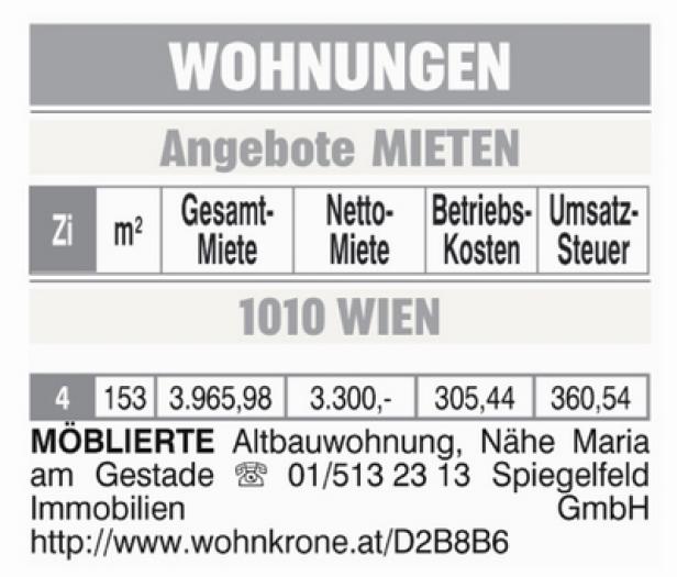 Wohnkrone.at - Immobiliensuche Eine Wohnungsanzeige für eine möblierte Altbauwohnung in 1010 Wien mit 153 m².