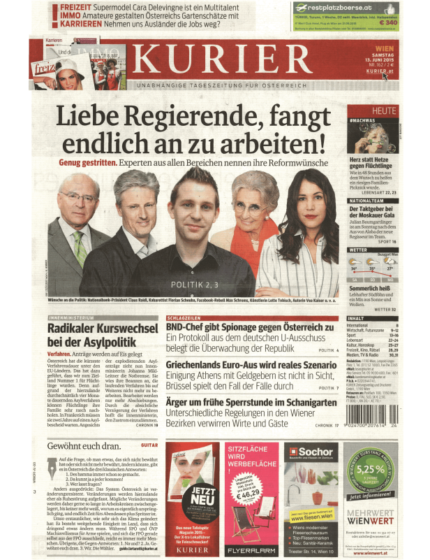 Titelseite des Kurier vom 13. Juni 2015 mit Artikeln zu Politik, Wirtschaft und Kultur.