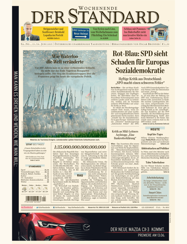 Titelseite der Zeitung „Der Standard“ vom 13./14. Juni 2015 mit Artikeln zu verschiedenen Themen.