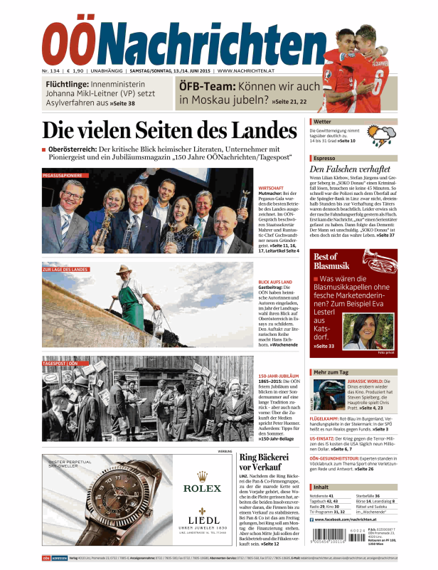 Titelseite der OÖNachrichten vom 13./14. Juni 2015.