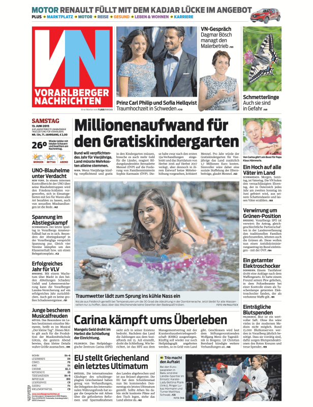 Titelseite der Vorarlberger Nachrichten vom 13. Juni 2015 mit verschiedenen Artikeln und Bildern.