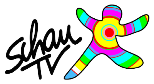 Das stilisierte Logo von Schau TV mit einer bunten, abstrakten Figur.