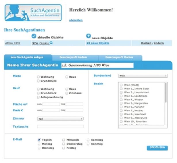 FindMyHome.at - Relaunch Juli 2012 Die Suchmaske einer Webseite zur Immobiliensuche, mit Feldern für Miete, Kauf, Fläche und Bezirk in Wien.