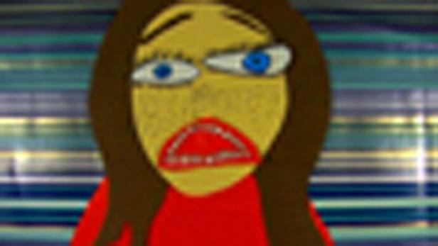 Eine stilisierte Darstellung einer Frau mit braunen Haaren und roten Lippen.