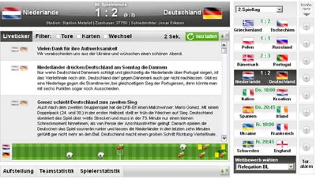 Ein Screenshot eines Fußball-Livetickers mit dem Spielstand Niederlande gegen Deutschland 1:2.
