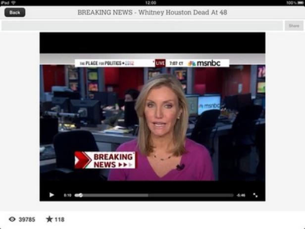 Eine Nachrichtensprecherin von MSNBC verkündet die Eilmeldung über den Tod von Whitney Houston.