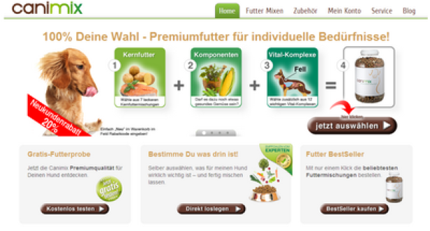 Eine Canimix-Webseite, die Premiumfutter für individuelle Bedürfnisse von Hunden anbietet.