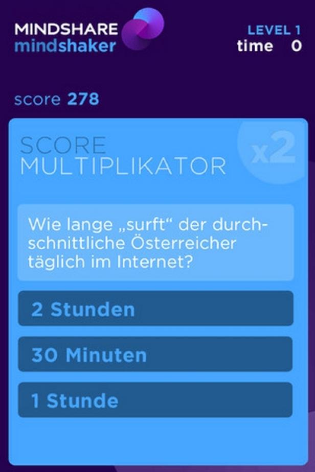 Ein Screenshot des Spiels Mindshaker mit einer Frage zum Internetkonsum in Österreich.