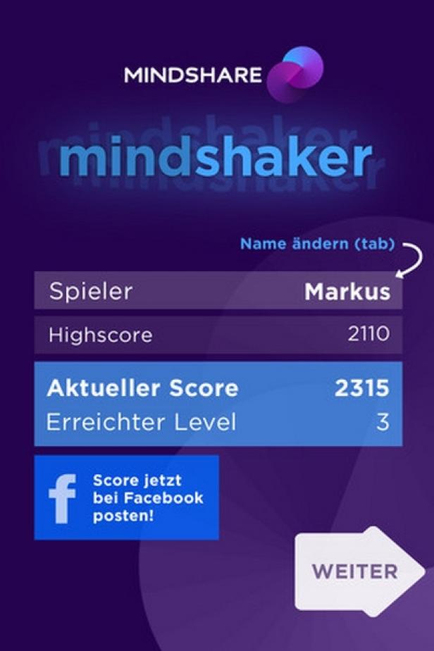 Ein Screenshot des Mindshaker-Spiels mit dem Spielernamen Markus und einem Punktestand von 2315.
