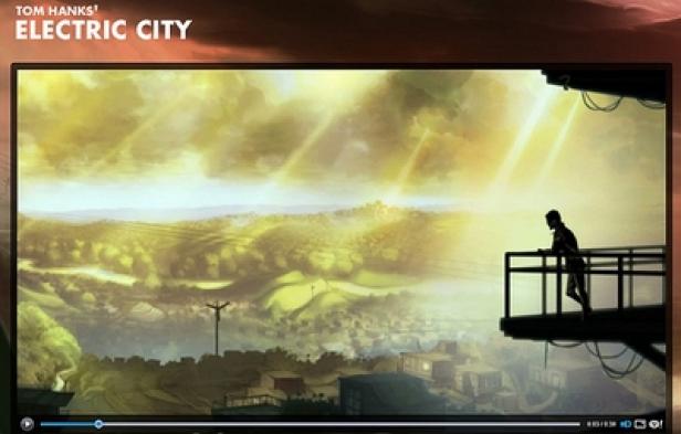Szene aus „Electric City“ mit Tom Hanks, in der eine Person auf einem Balkon steht und auf eine Stadt blickt.