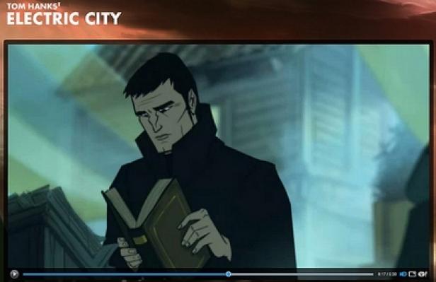 Ein animierter Mann im dunklen Mantel liest ein Buch in „Electric City“.