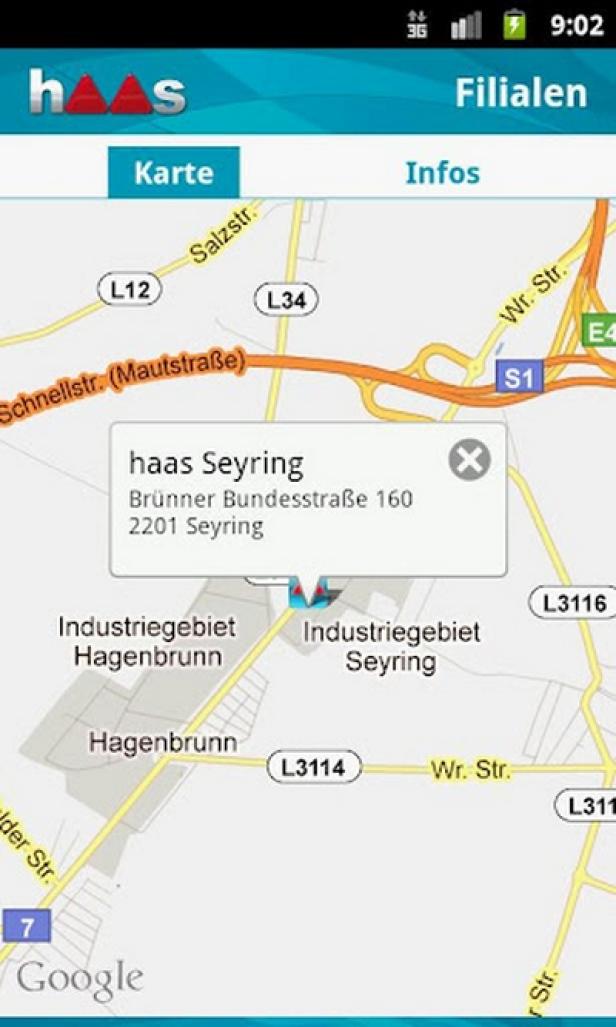 Ein Kartenausschnitt der Haas-Filiale in Seyring, Brünner Bundesstraße 160.