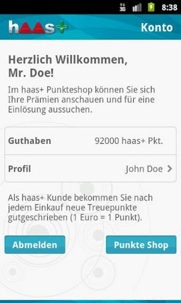 Ein Screenshot der Haas+ App mit der Begrüßung „Herzlich Willkommen, Mr. Doe!“.
