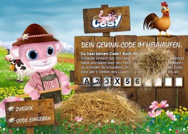 SCA Hygiene Products - Cosy-Game - Cosy.co.at - pjure isobar Ein Comic-Alpen-Thema mit einem rosa Maskottchen, einer Kuh, einem Hahn und einem Heuhaufen für ein Gewinnspiel.