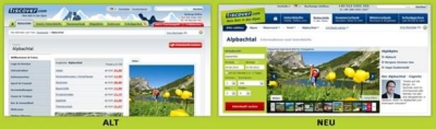 Tiscover.com - Reiseziele alt zu neu (linke Seite vorher, rechte Seite jetzt) Tiscover.com macht einen Entwicklungsschritt