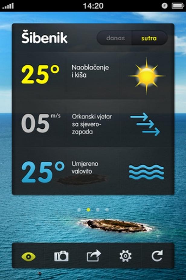 Ein Screenshot einer Wetter-App für Šibenik, die 25 Grad und mäßigen Wellengang anzeigt.