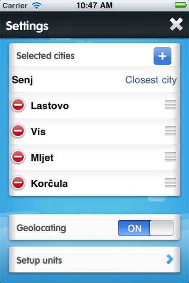 Ein Screenshot der Einstellungen einer App mit einer Liste von Städten wie Senj, Lastovo, Vis, Mljet und Korčula.