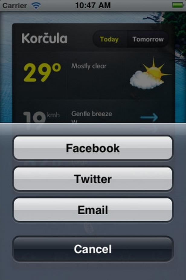 Ein Screenshot einer Wetter-App für Korčula mit einer Temperatur von 29 Grad und einer Option zum Teilen über Facebook, Twitter oder E-Mail.
