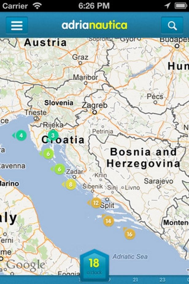 Eine Karte der Adriaküste mit Markierungen für verschiedene Orte in Kroatien.