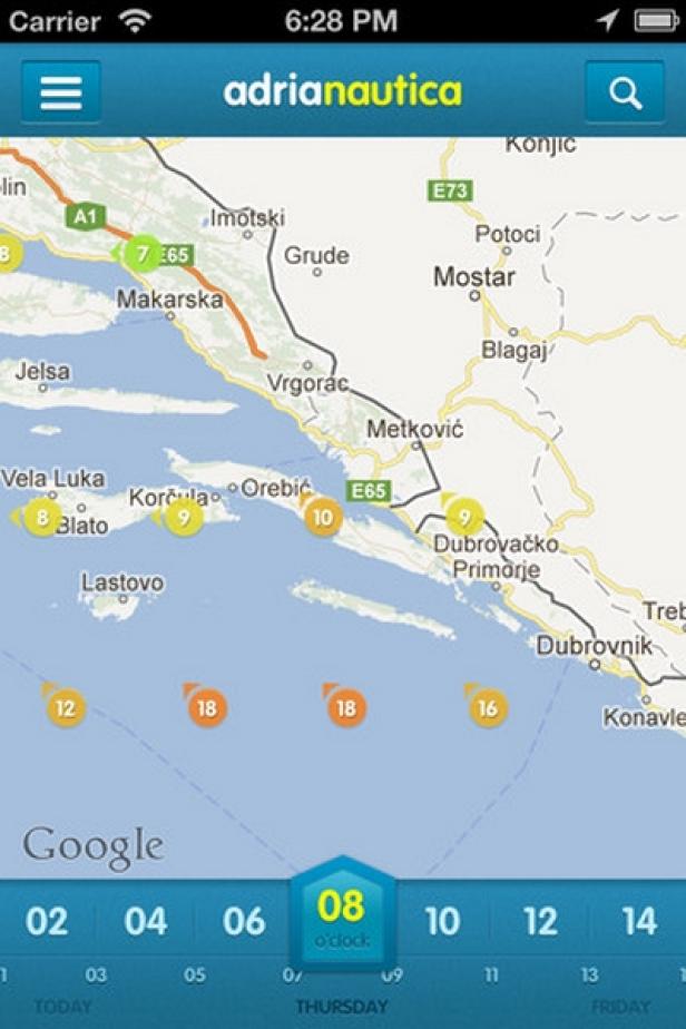 Ein Screenshot der Adrianautica-App mit einer Seekarte der kroatischen Küste.