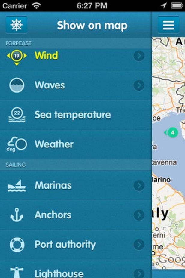 Ein Screenshot einer Wetter-App mit Fokus auf Wind, Wellen und Meerestemperatur.