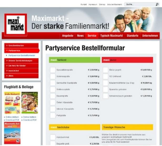 Maximakrt.at - Relaunch Juni 2012 - Reichl und Partner eMarketing Die Webseite von Maximarkt mit dem Bestellformular für den Partyservice.