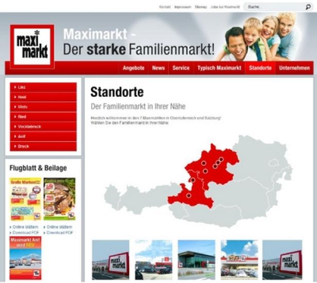 Maximakrt.at - Relaunch Juni 2012 - Reichl und Partner eMarketing Die Webseite von Maximarkt zeigt Standorte in Österreich.